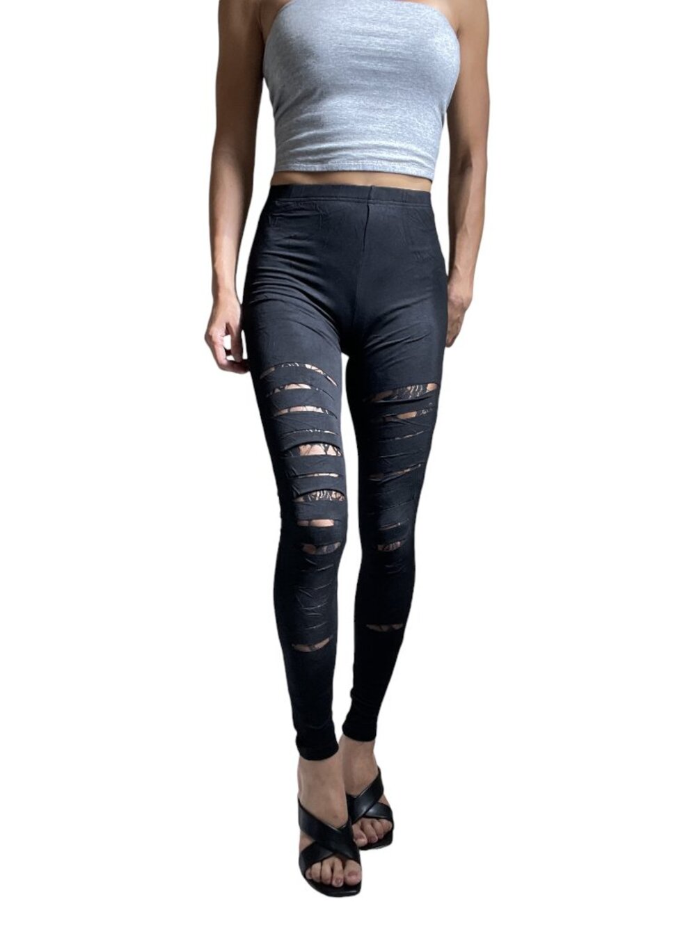 Black Slashed Ripped Cut Out Slit Stretch Leggings - High Waist Pants Women